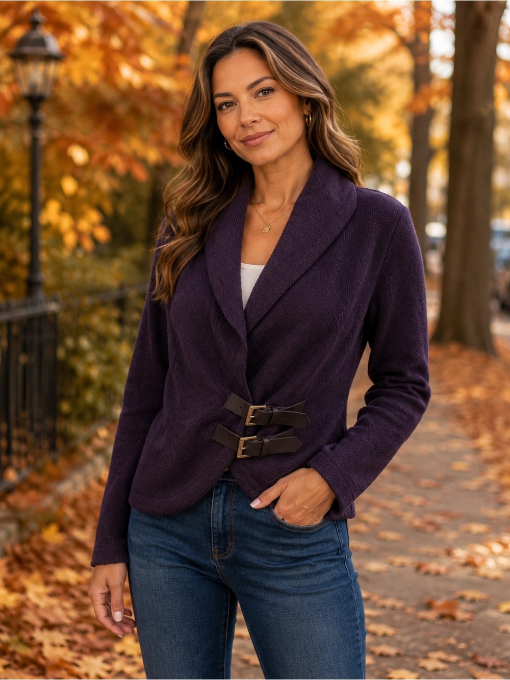 MARINA LUNA PURPLE SWEATER JACKET WITH DOUBLE BUCKLE CLOSURE 100%WOOL SIZE MED
